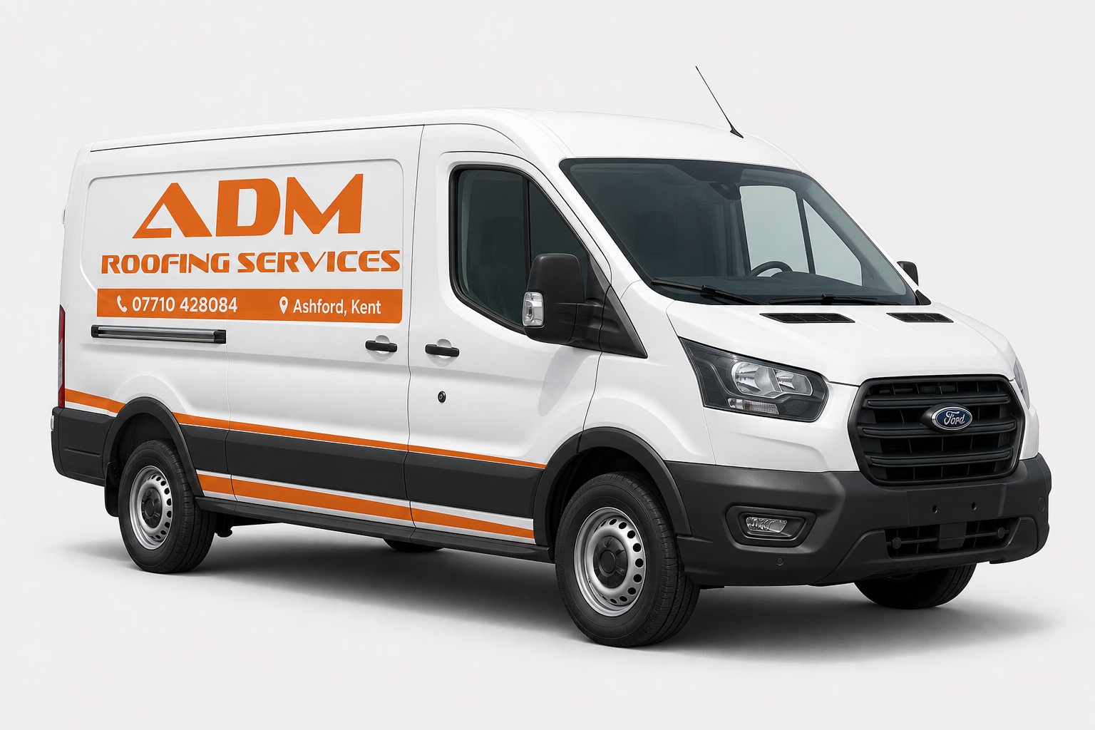 ADM Roofing Services branded white work van with orange livery and phone number 07710 428084